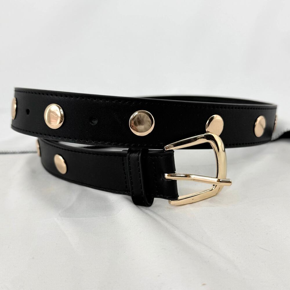 Black Studded Leather Belt with Gold Buckle